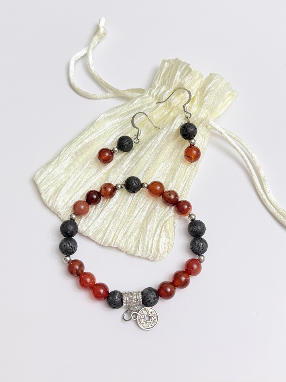 Red Bead & Black Lava Stone Bracelet & Earrings Jewelry Set